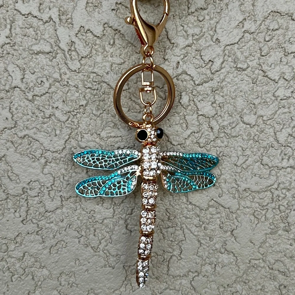 Sparkling Teal & Gold Dragonfly Keychain/Bag Charm